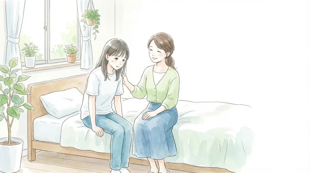 起立性調節障害で朝がつらい学生と支える親のイメージ