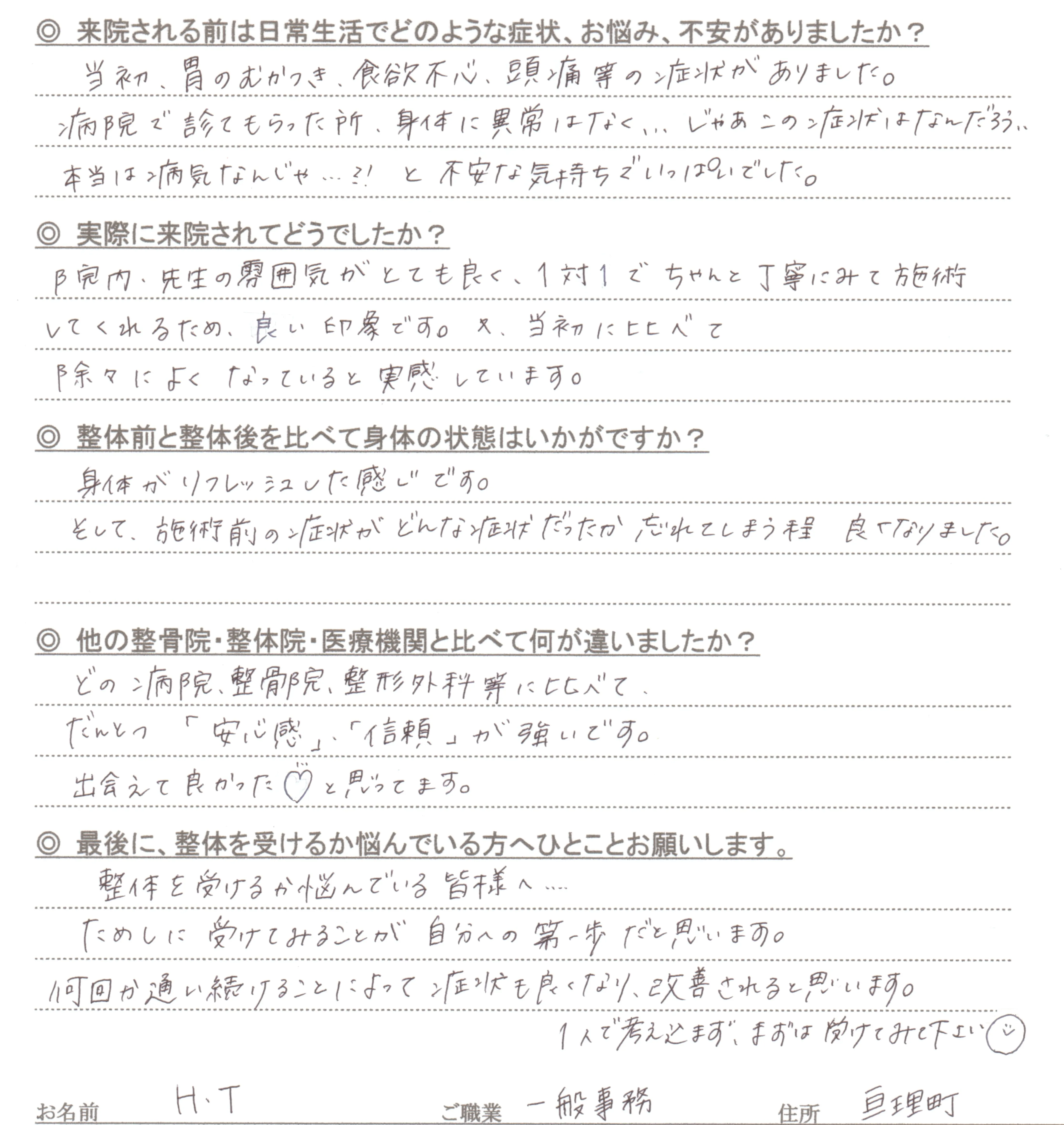 自律神経の乱れによる胃のむかつき・食欲不振・頭痛についての患者様直筆アンケート(H.T様/一般事務/亘理町)