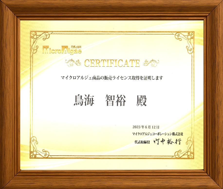 とりうみ整体院マイクロアルジェ販売許可証